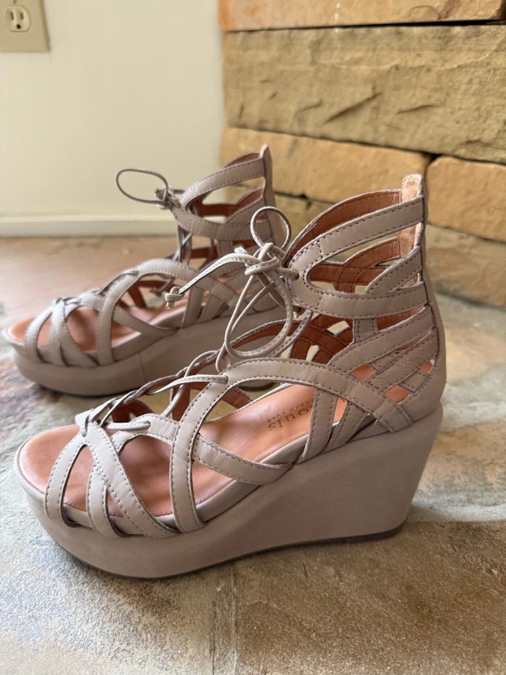 Gentle Souls “Joy” Taupe Nubuck Lace-Up High Wedge Sandals